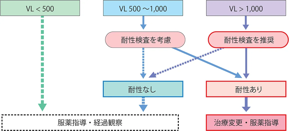 血中HIV RNA量が検出感度以上だった場合の対応の目安を表した3パターンのフロー図。VL<500であれば経過観察・服薬指導を行う。VL500~1000であれば耐性検査を考慮し、耐性なしの場合は経過観察・服薬指導、耐性ありの場合は治療変更・服薬指導を行う。VL>1000であれあば耐性検査を推奨し、耐性なしであれば経過観察・服薬指導、耐性ありであれば治療変更・服薬指導を行う。